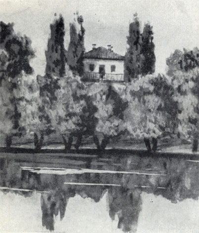 Вид на усадьбу Линтваревых. Акварель М. П. Чехова. 1889