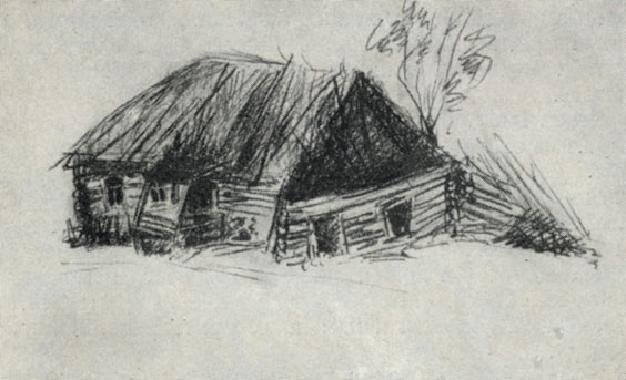 Крестьянская изба в Мелихово. Рисунок М. П. Чеховой. 1896 г.