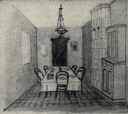 Столовая в доме Чеховых. Рисунок М. П. Чехова. 1889 г