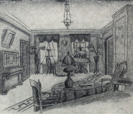 Гостиная в доме Чеховых. Рисунок М. П. Чехова. 1889 г