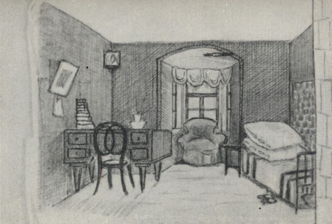 Спальня А. П. Чехова. Рисунок М. П. Чехова. 1889 г