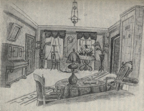 Гостиная в доме Чехова. Рисунок М. П. Чехова. 1889 г