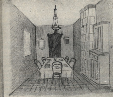 Столовая в доме Чехова. Рисунок М. П. Чехова. 1889 г