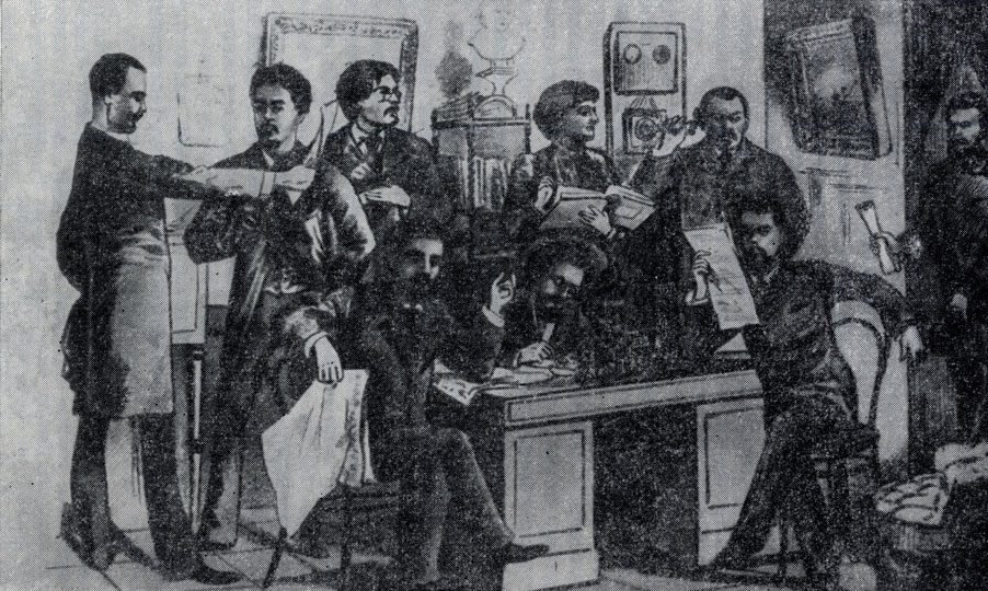 Редакционный день 'Будильника. Рис. М. М. Чемоданова, 1885 г.'