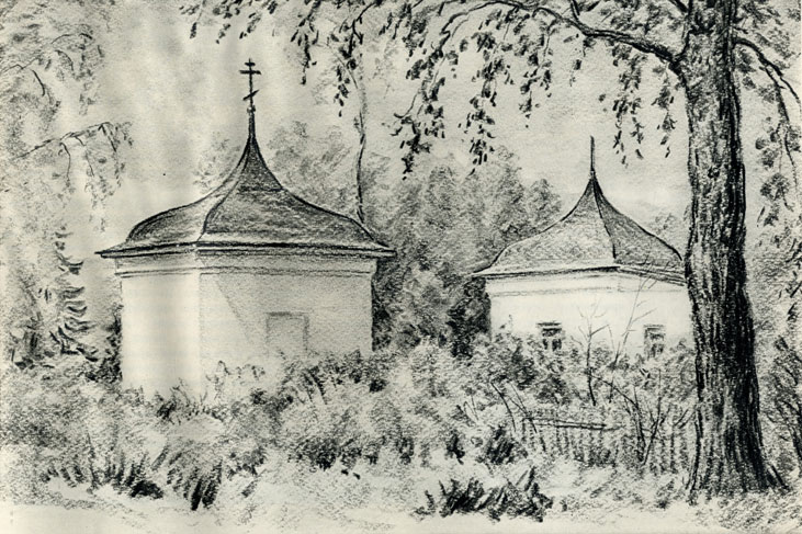 На рисунке, с правой стороны, изображен сторожка, описанная А. П. Чеховым в рассказе 'Ведьма'